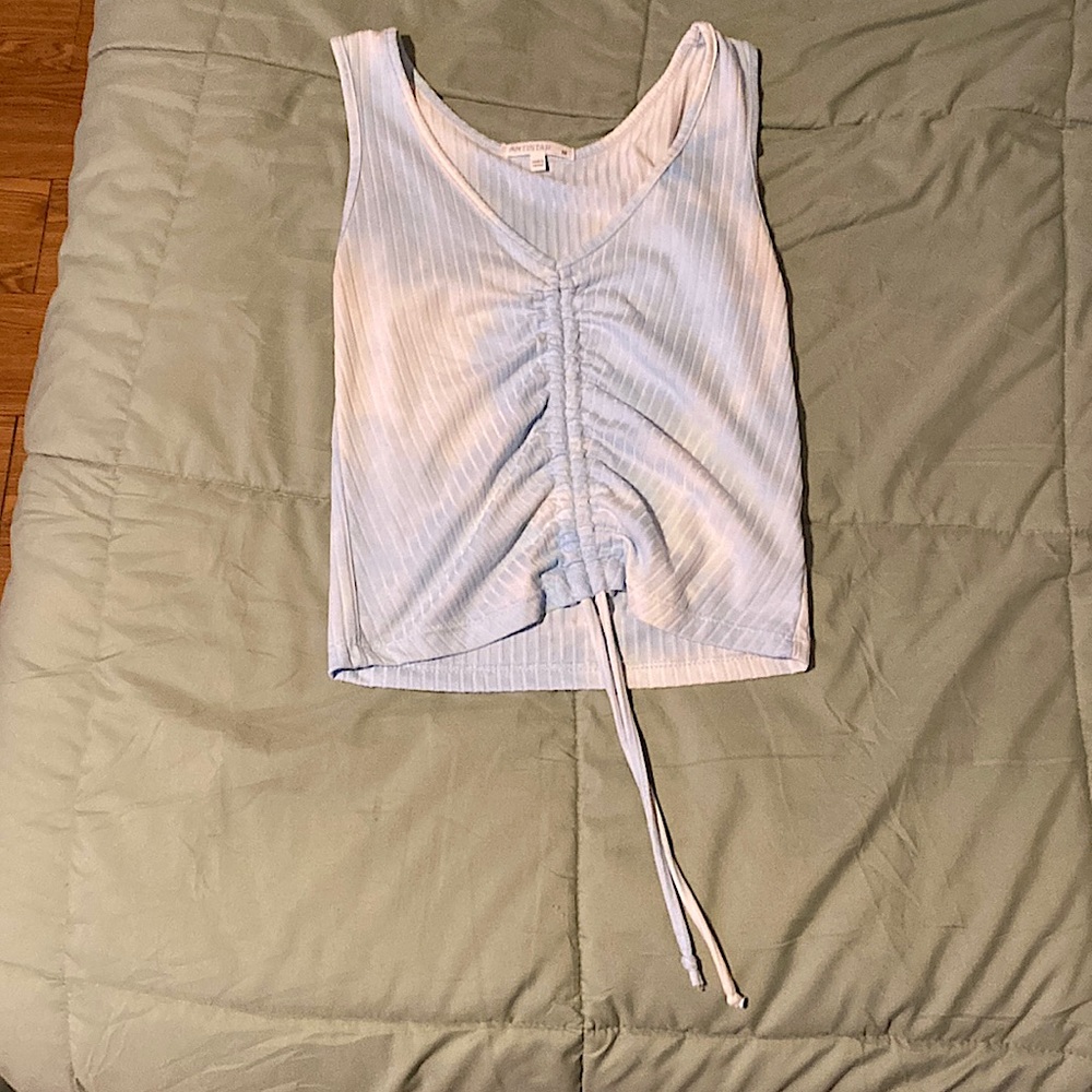Medium cropped top in blue and white. Side medium.